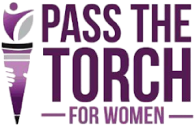 Stylized illustration of a lit torch with a purple flame, accompanied by bold purple text that reads 'Pass the Torch for Women'.