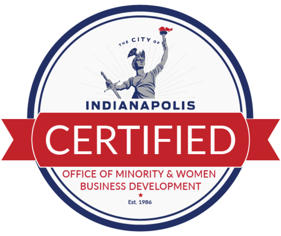 Seal with a depiction of the Statue of Liberty, text stating 'Indianapolis Certified,' and information about the Office of Minority & Women Business Development established in 1986.