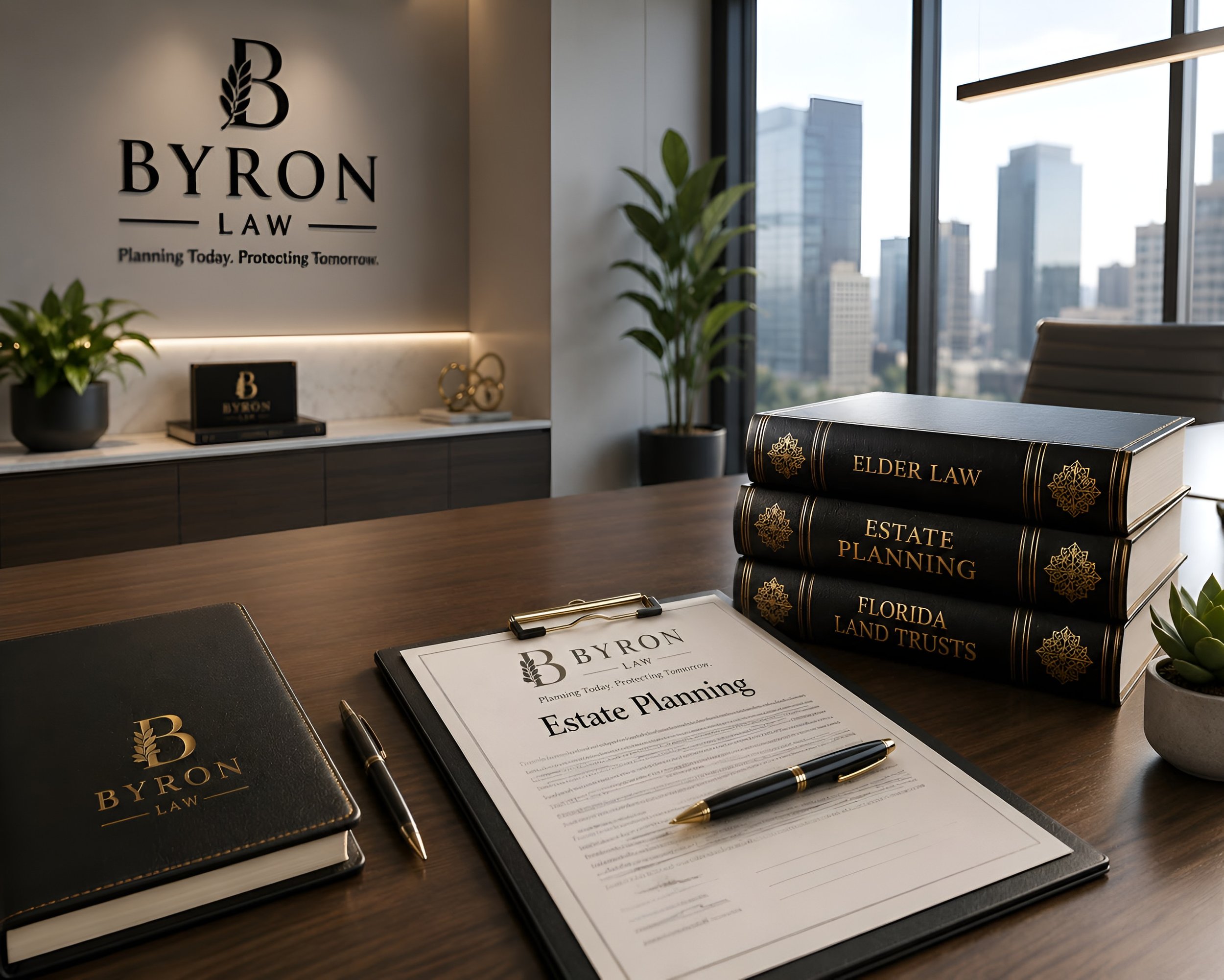 A law office conference table with legal books titled Elder Law, Estate Planning, and Florida Land Trusts, a BYRON LAW brochure, a pen, a clipboard with estate planning documents, a potted plant, and a window showing a cityscape with tall buildings.