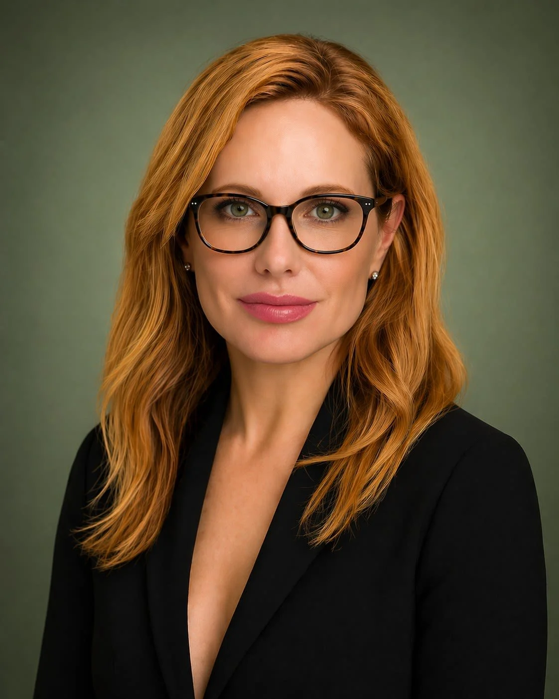 Headshot of a woman with red hair, wearing glasses and a black blazer, against a green background.