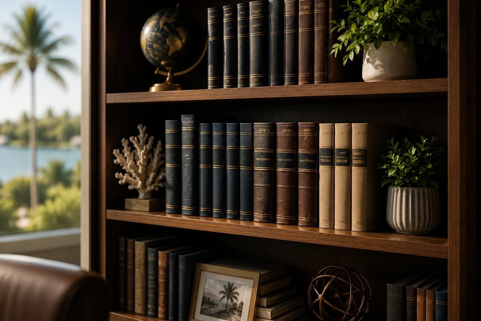 Wooden bookshelf with several rows of books, a globe, decorative coral, framed photograph, potted plants, and a metallic sculpture, with a window showing a palm tree and water outside.