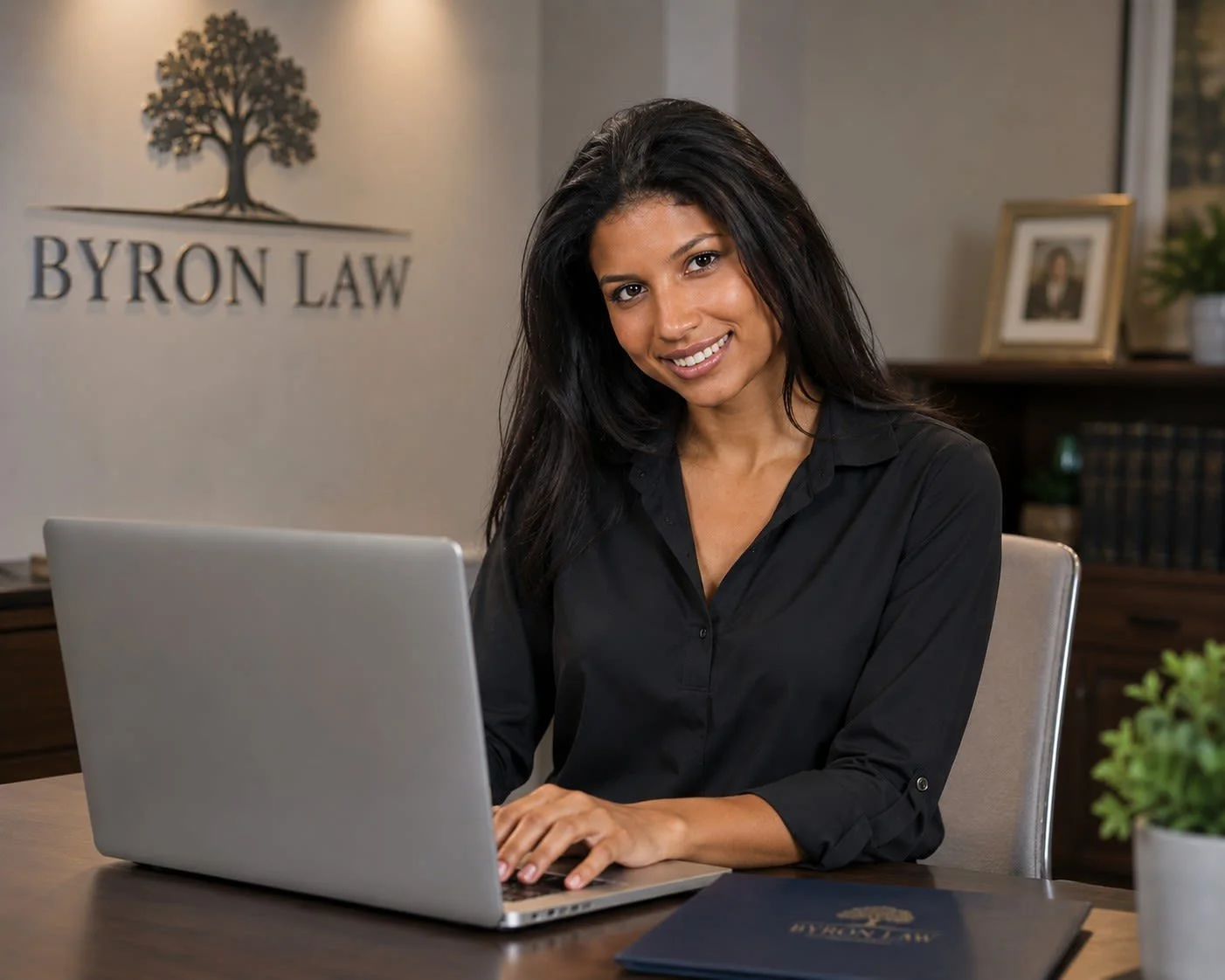 A woman with long black hair smiling while working on a laptop in an office setting at Byron Law.