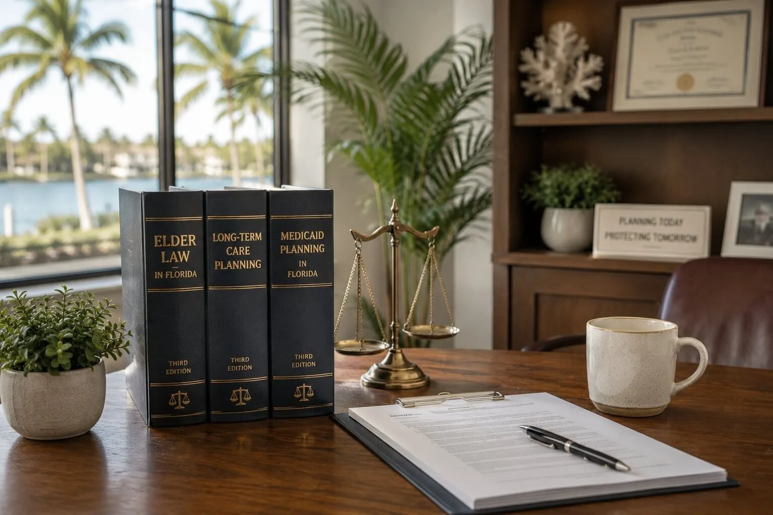 Legal books, a scale, a potted plant, coffee mug, and a clipboard on a wooden desk in an office with a view of palm trees and water outside.