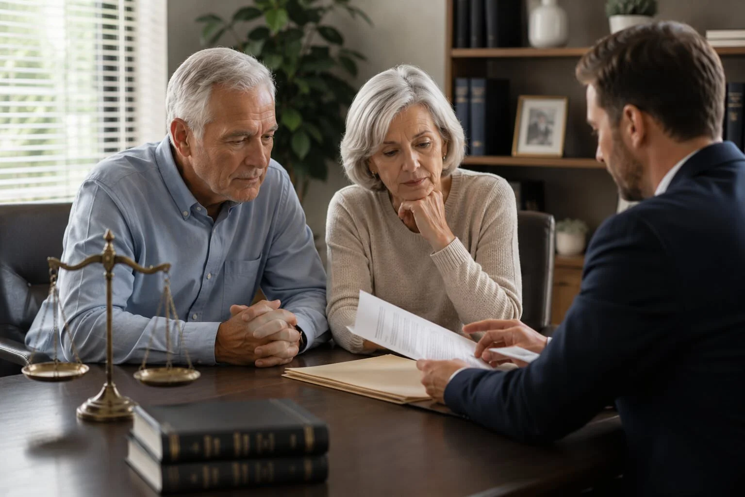 An older man and woman sit at a desk with a lawyer, reviewing a document together during a legal consultation.