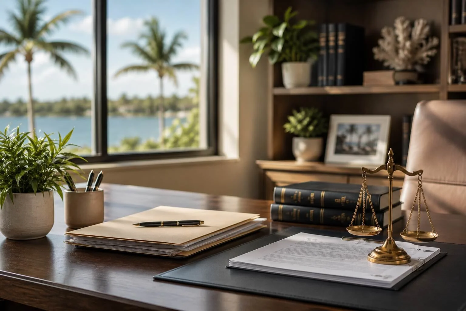 Office desk with legal documents, a pen, and a brass balance scale, with a large window showing palm trees and water outside.