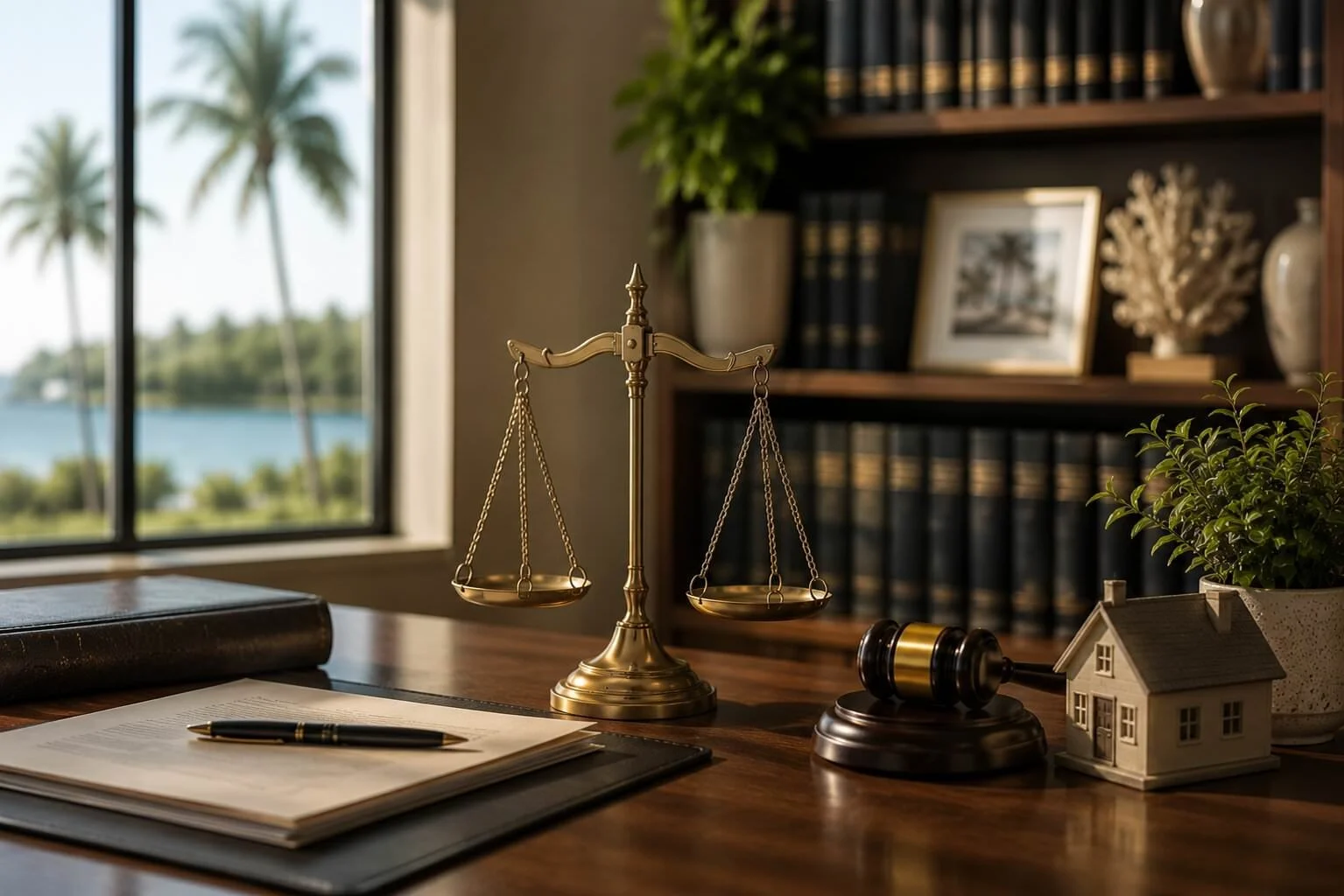 Desk with legal scale, gavel, open notebook and pen, house model, potted plant, and bookshelf near window with a view of palm trees and water.