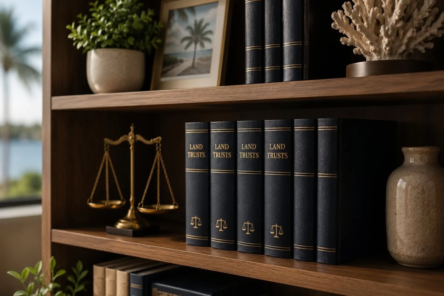 A wooden bookshelf containing legal-themed items including black 'Land Trusts' books, brass scale of justice, potted plants, framed picture of a palm tree, and decorative vases.