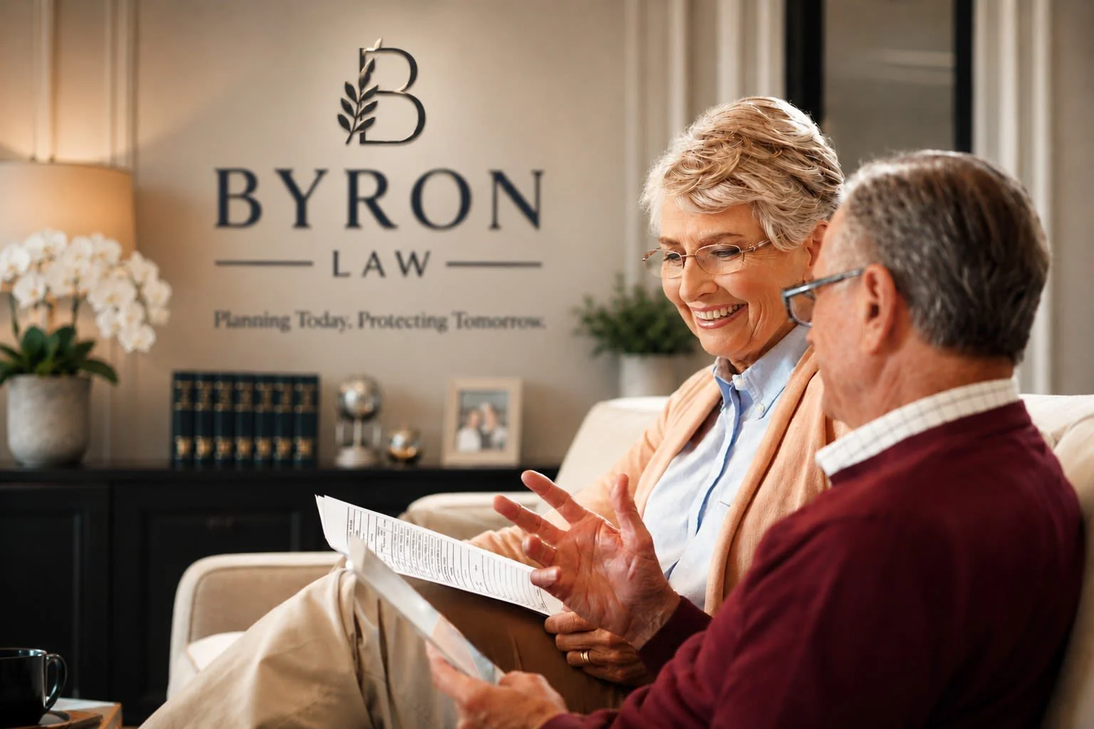An elderly woman and man sitting on a couch, smiling and talking, with a Byron Law sign in the background.