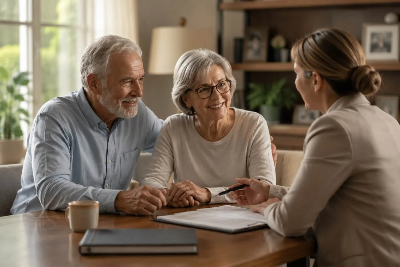 A couple, an elderly man and woman, talking with a professional woman in a cozy home setting, possibly during a consultation.