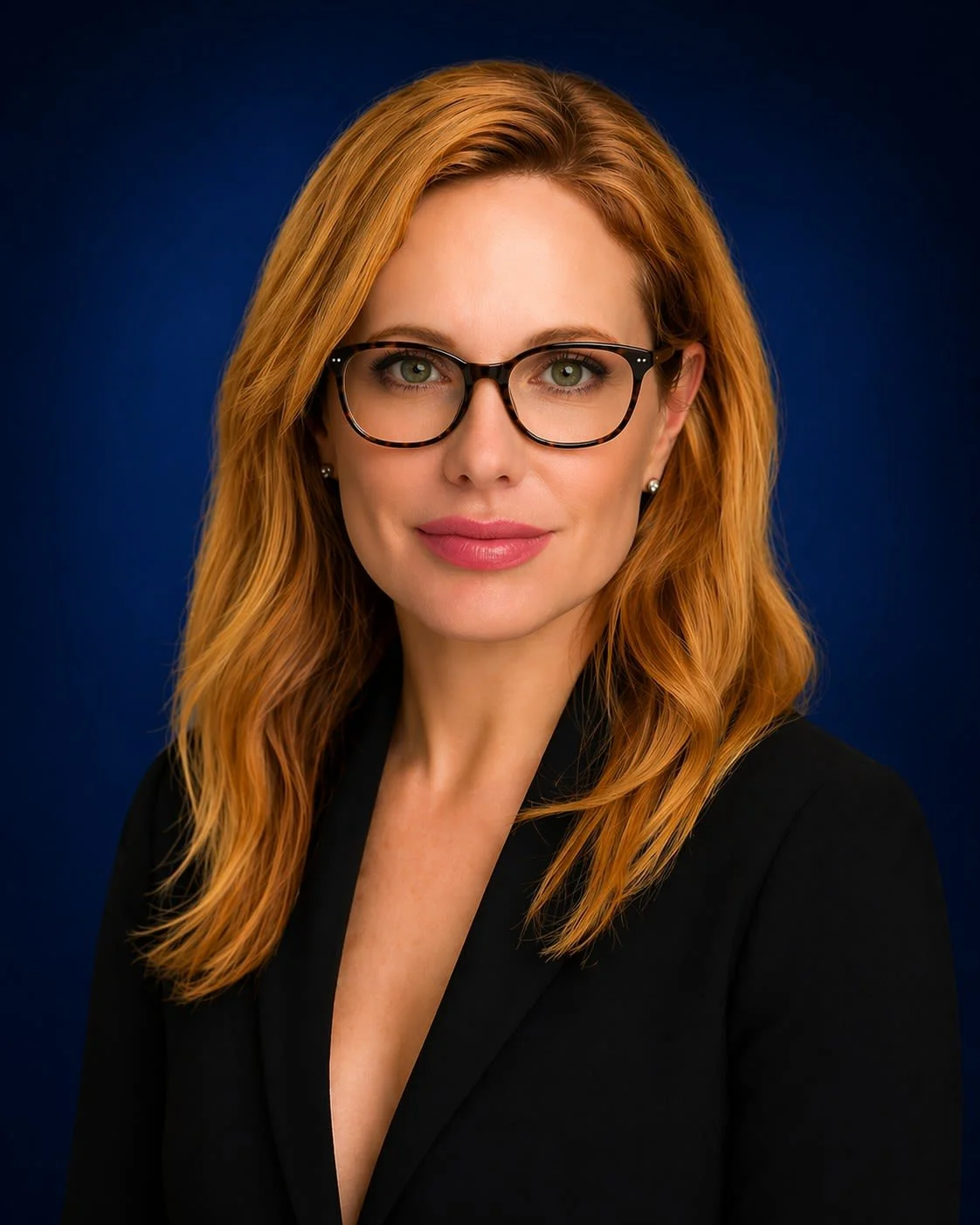 Portrait of a woman with red hair, glasses, wearing a black blazer, against a dark blue background.