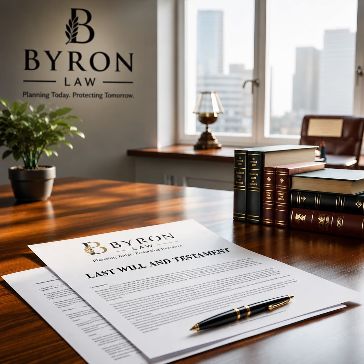 Legal office with a Last Will and Testament document, books, a pen, and a potted plant on a wooden desk near a window.