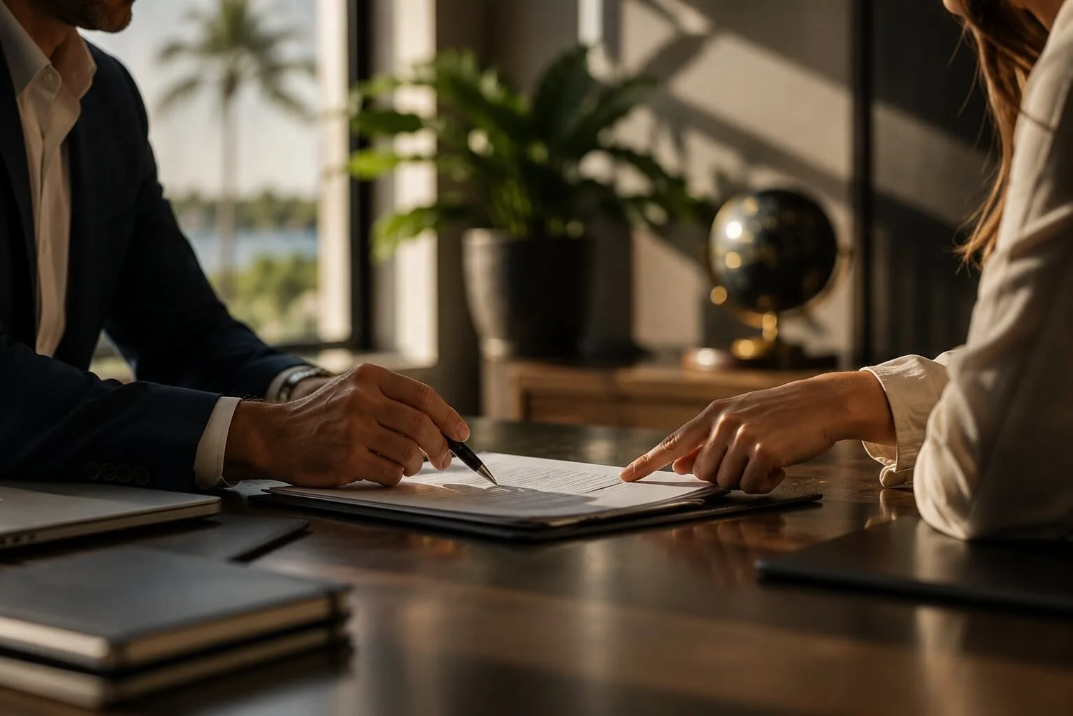 Two people sitting across from each other at a wooden table, reviewing a document with one person pointing at it with a finger and the other holding a pen. Office setting with a laptop, notebooks, and a globe in the background.