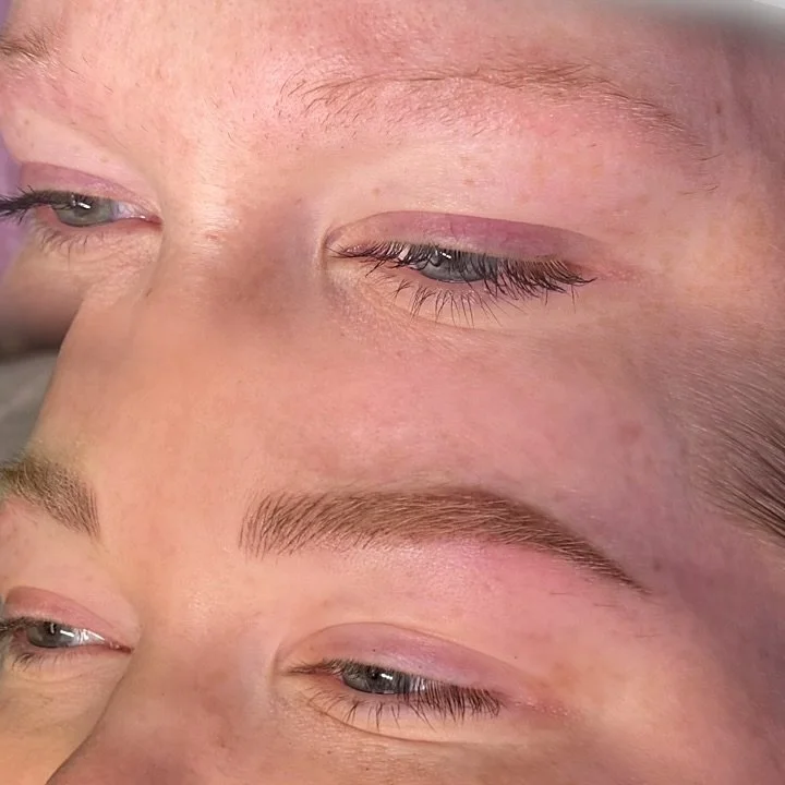 Close-up of a person's face showing before and after hybrid brow, with the eyebrows appearing fuller and more defined in the bottom image.