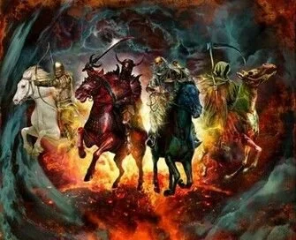 A group of mythical warriors and creatures riding horses amidst a fiery, dark background with swirling clouds.
