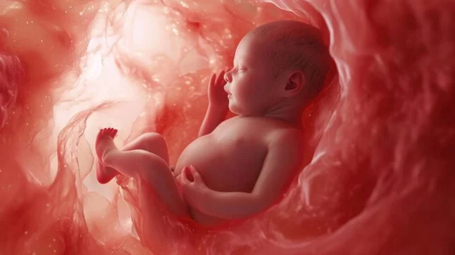 A baby lying inside a human artery or blood vessel with surrounding red tissue.
