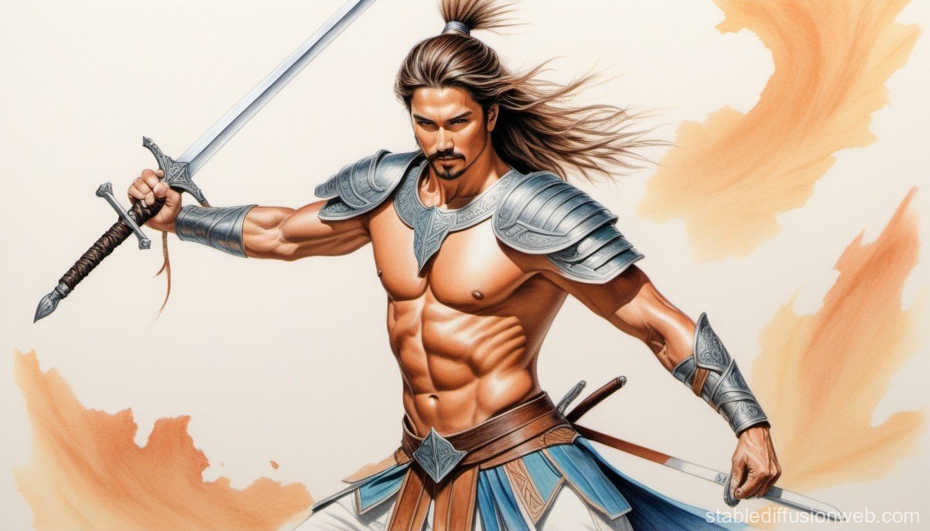 A muscular man in silver armor with long hair holding a sword in one hand, with a desert storm background.
