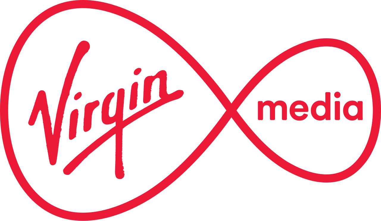Logo of Virgin Media featuring the brand name in a stylized script within a red infinity symbol