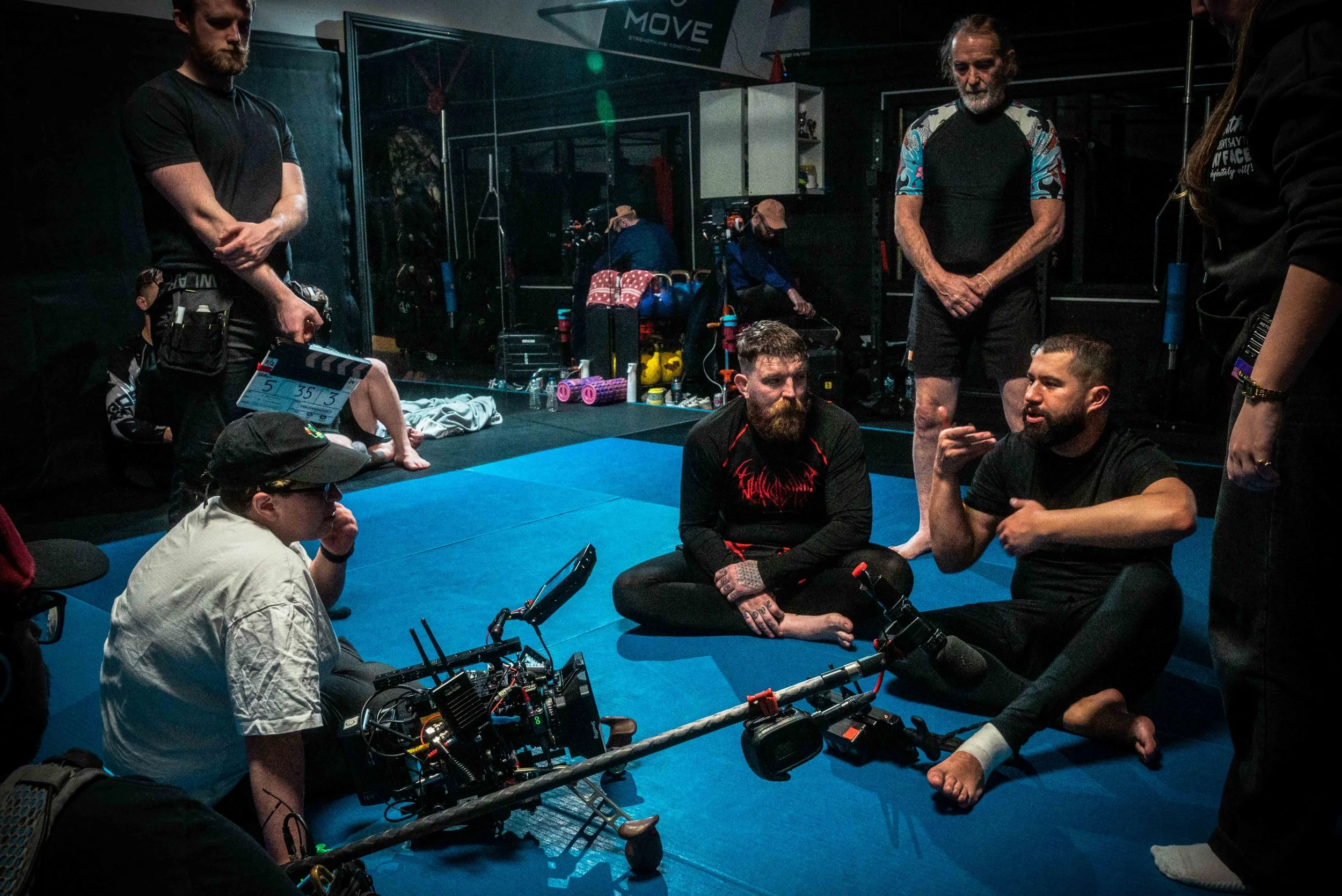 Behind the scenes of The Comeback as writer and director Jordan Murshed briefs cast and crew before filming a Brazilian Jiu Jitsu sequence.