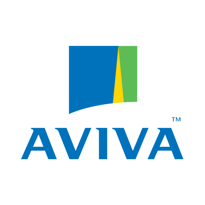 Logo with a stylized shield, including blue, green, yellow, and red sections, and the word 'AVIVA' in blue capital letters beneath it.