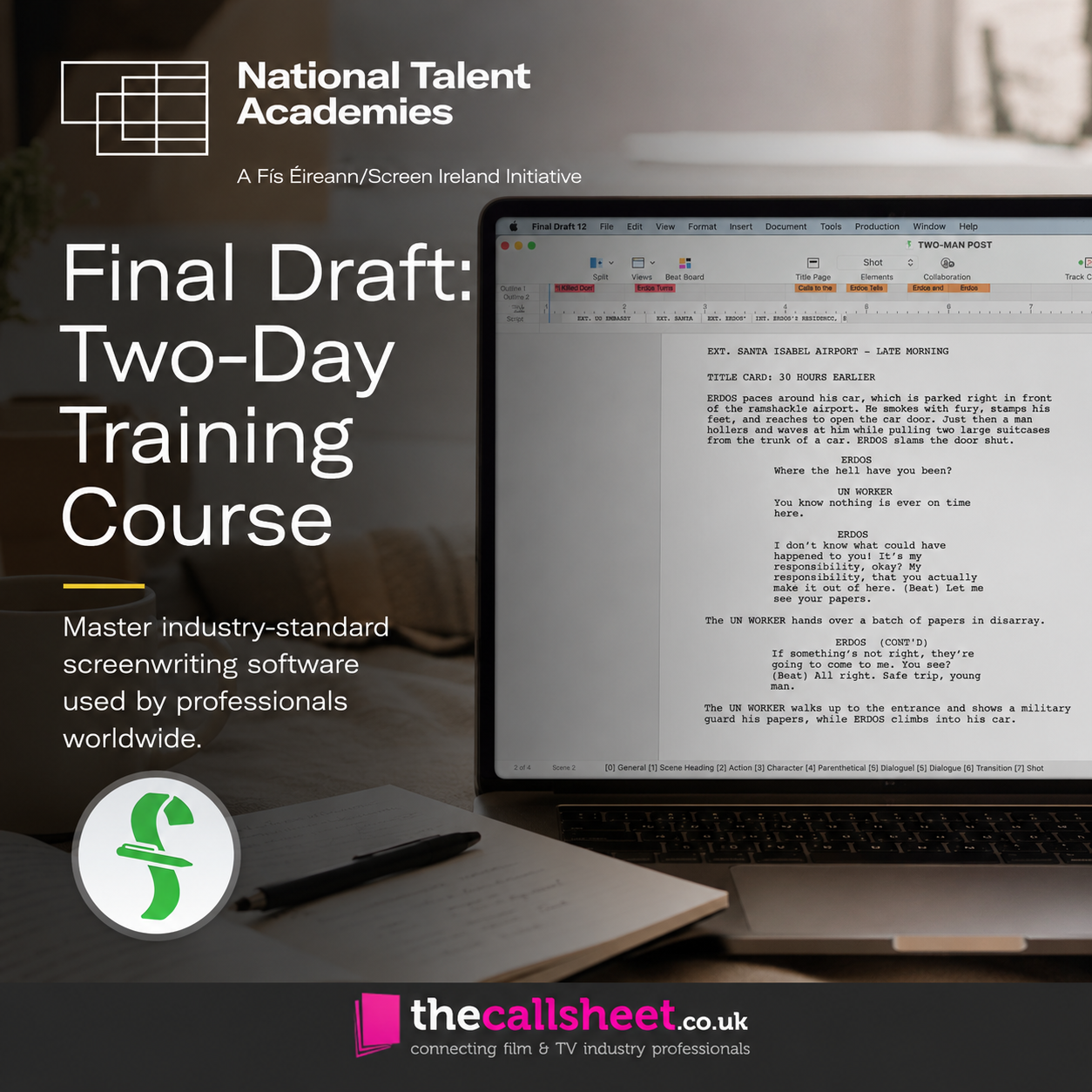 Cover of a promotional material for a two-day training course in screenwriting, offered by National Talent Academies and the call sheet website. The cover features a laptop displaying a screenplay, an open notebook with a pen, and text detailing the course information.