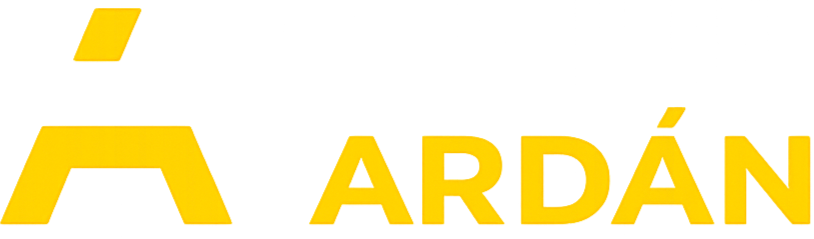 Logo with the word 'ARDÁN' in bold yellow letters and a stylized yellow 'A' above it on a black background.