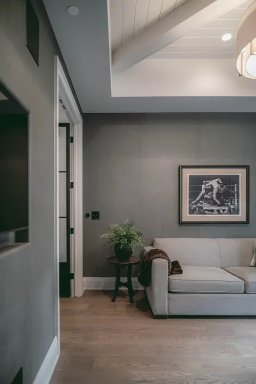 Living room corner with gray wall, white sofa, framed black-and-white photo, small table with a green plant, and part of a ceiling with wood paneling and a light fixture.