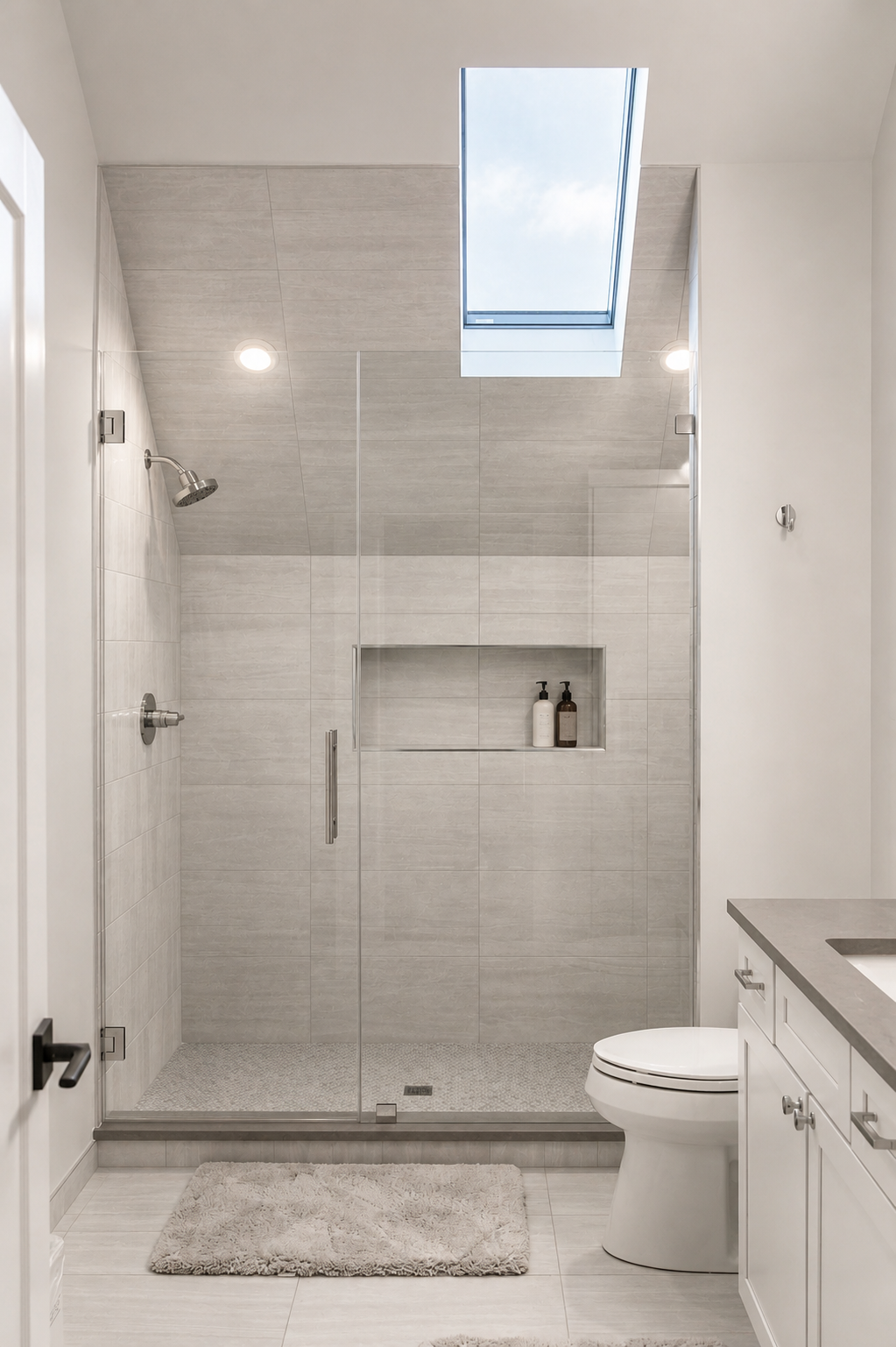 Modern bathroom with walk-in shower, skylight, white cabinetry, and toilet.