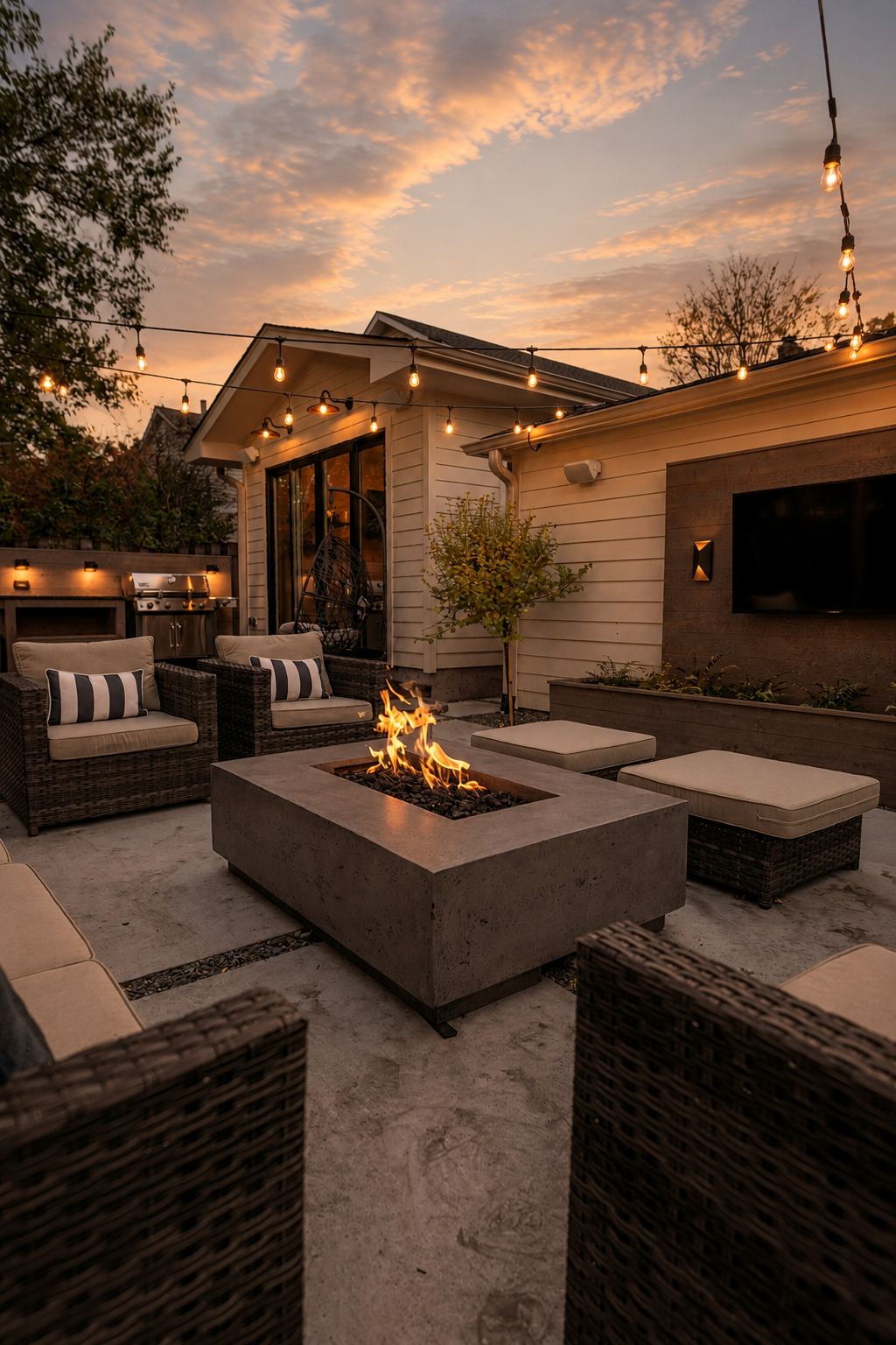 Outdoor patio at sunset with string lights, a fire pit, wicker chairs with cushions, and a house with a TV on the wall.