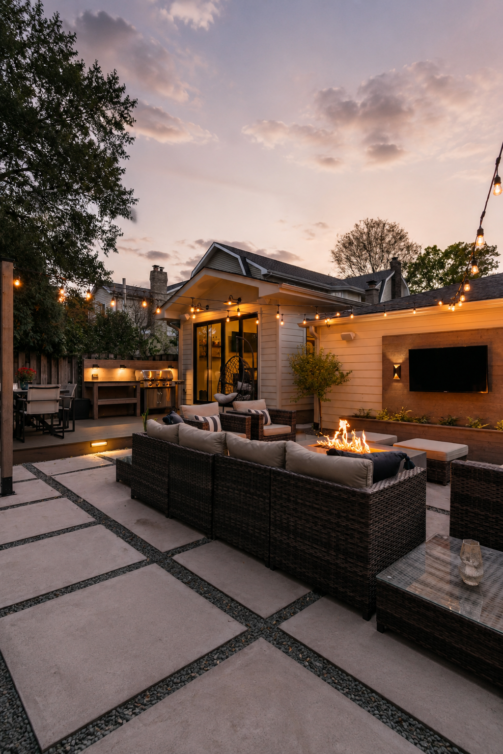 This image shows an outdoor patio area during sunset with string lights overhead, a fire pit in the center, wicker seating with cushions, and a view of a house with a TV mounted on the wall, surrounded by trees.