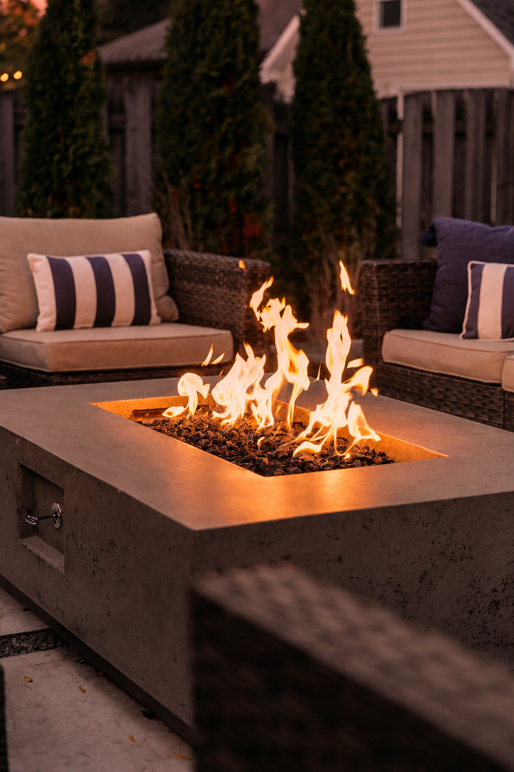An outdoor backyard with a lit fire pit surrounded by outdoor couches with pillows, and a wooden fence with trees in the background.