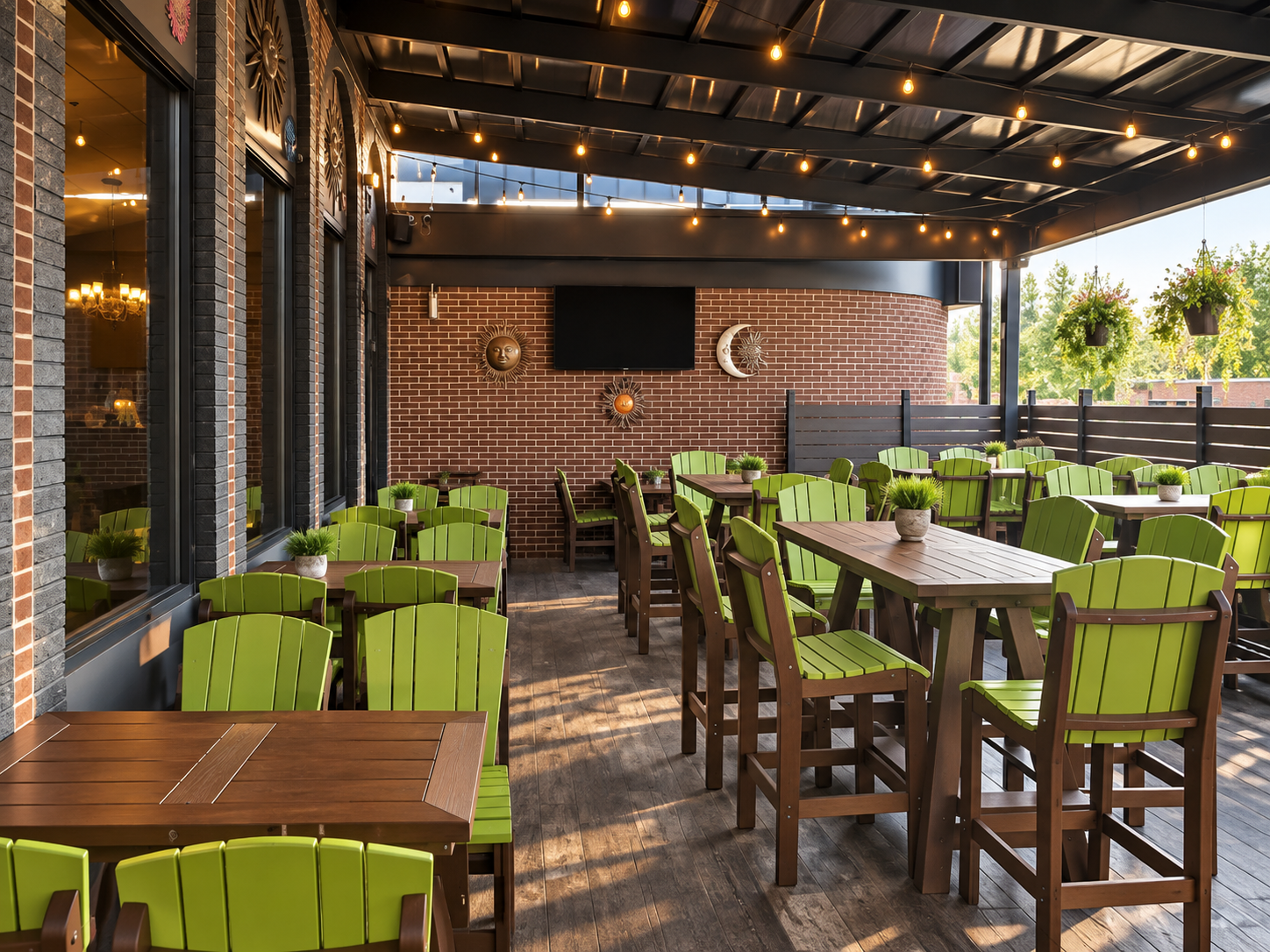 Outdoor restaurant patio with green chairs, wooden tables, brick walls, hanging plants, and decorative sun and moon wall art, illuminated by string lights.