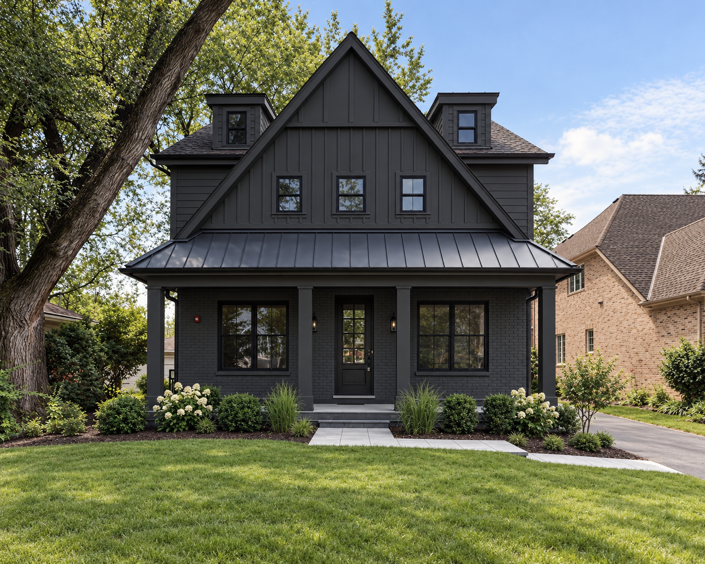 A modern black house with a lawn and garden, two windows on the front door, and dormer windows on the roof under a partly cloudy sky.