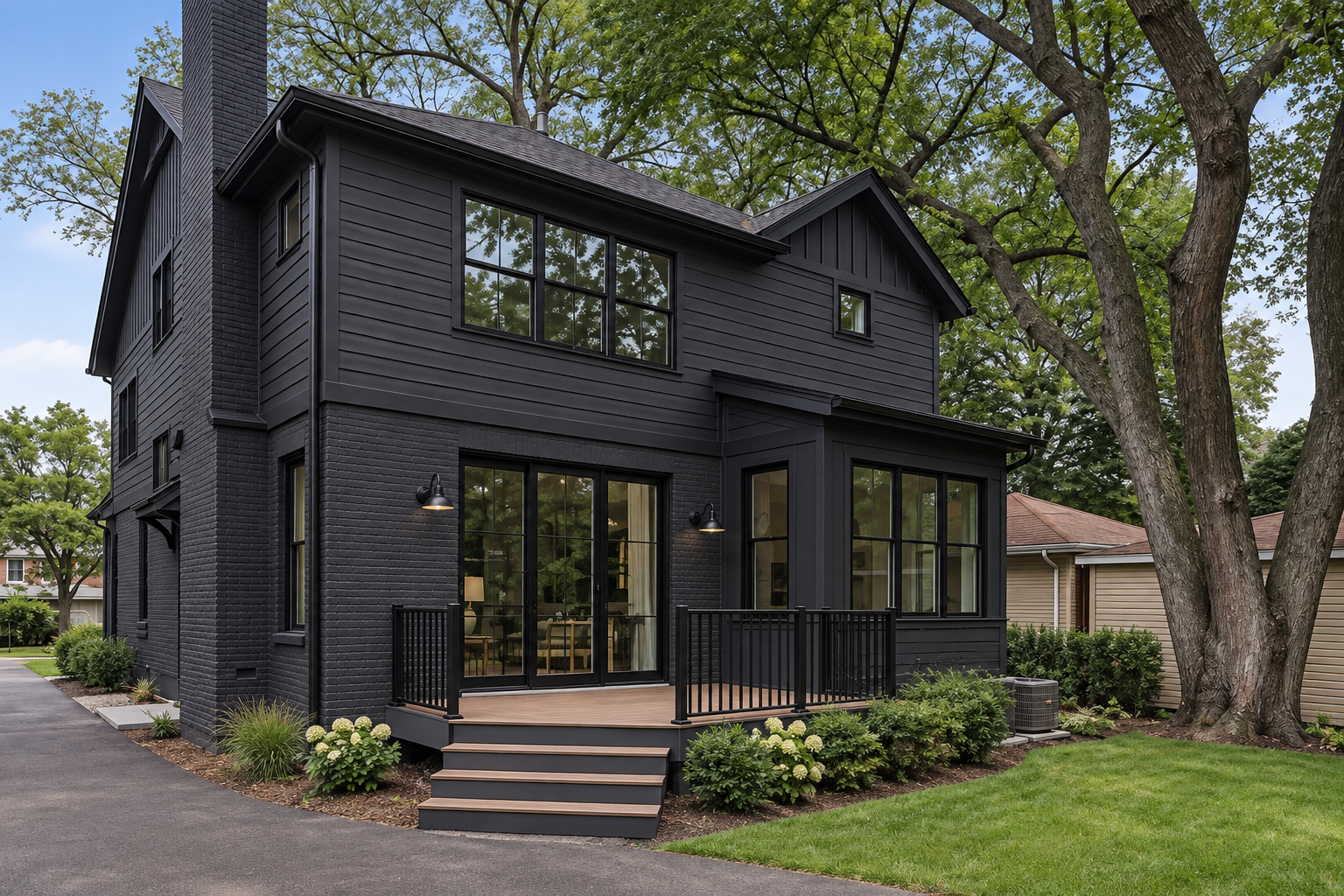 Black modern house with small porch, steps, and trees in the yard.