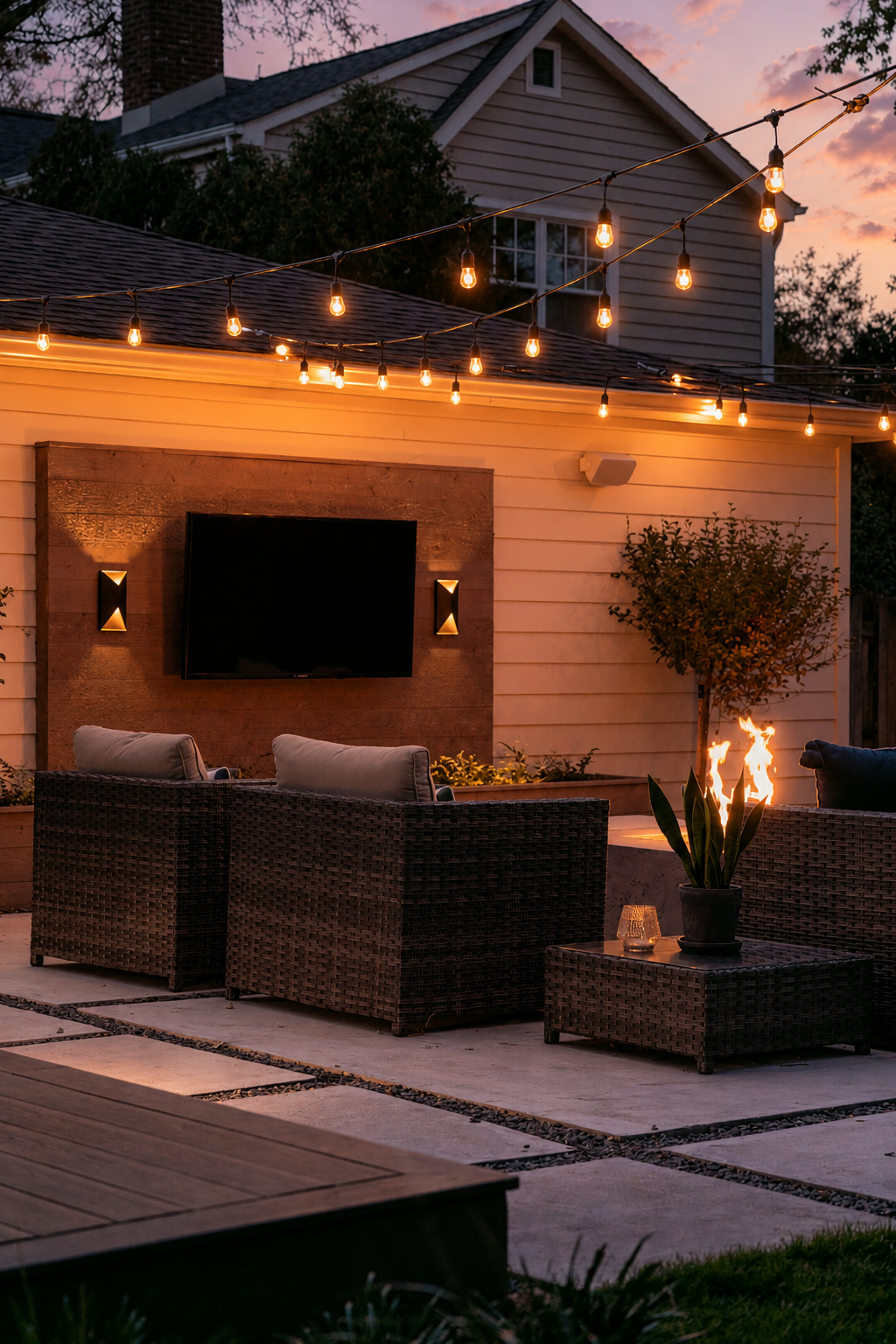 Outdoor patio at dusk with wicker chairs, a fire feature, string lights, a mounted TV, and potted plants, creating a cozy backyard setting.
