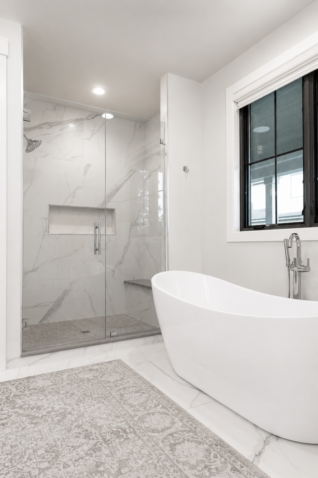 Modern bathroom with white freestanding bathtub, glass-enclosed walk-in shower with marble walls, window with black frame, and light gray patterned rug on a marble floor.