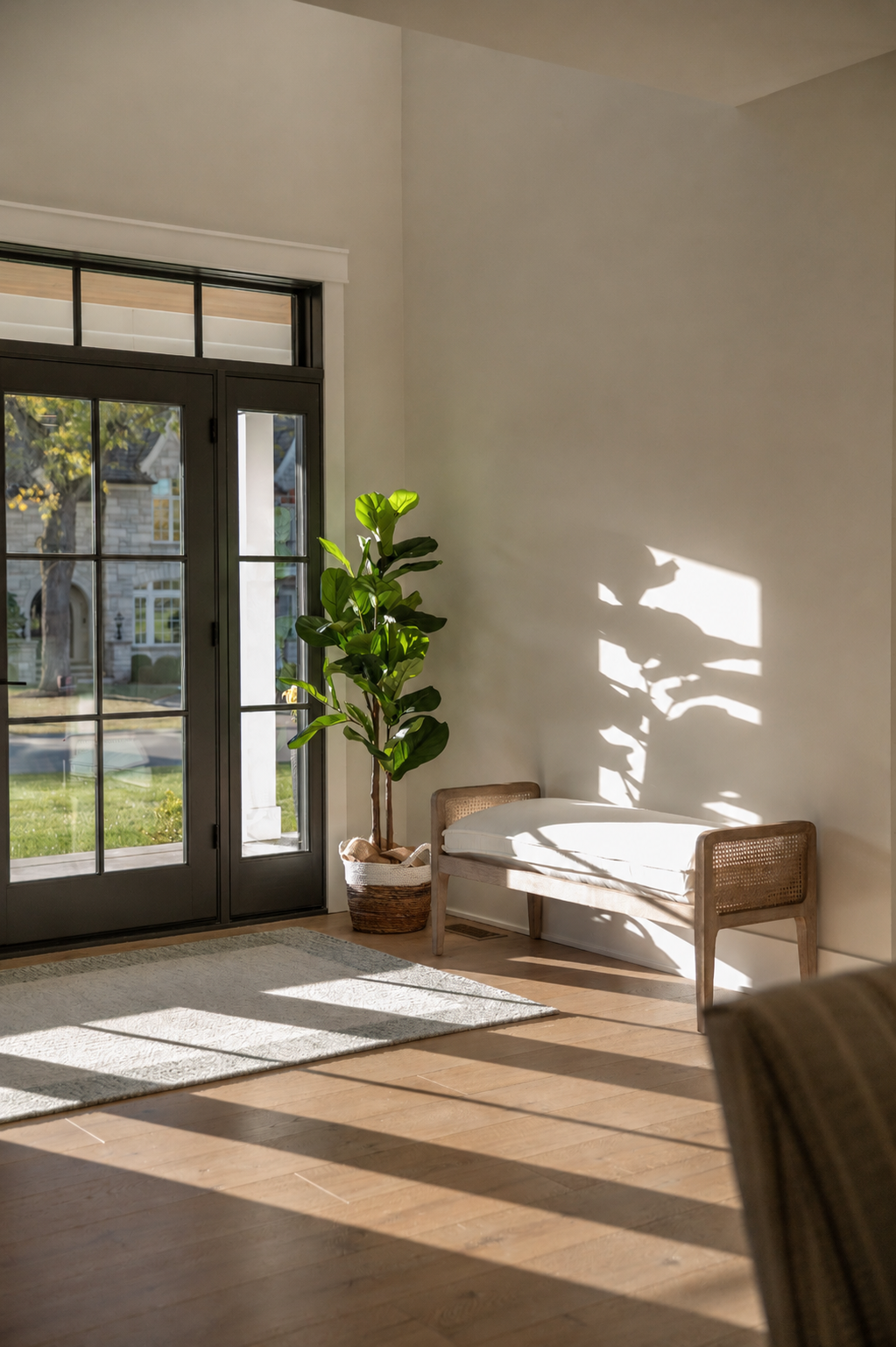 A bright, minimalist living room with sunlight casting shadows on white walls. There is a large green potted plant, a wooden bench with a white cushion, a grey door with glass panes, light wood flooring, and a beige rug.