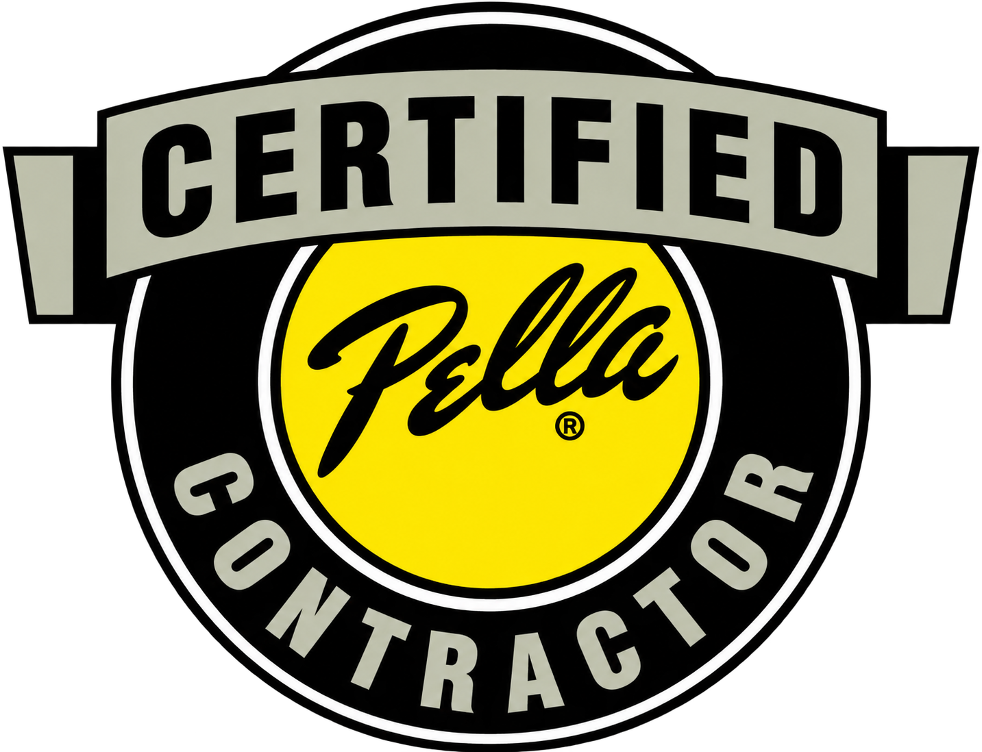 Certification badge with yellow circle in the center featuring the word 'Pella' in black cursive font, and surrounding text that reads 'Certified Go Tractor' on a black background.