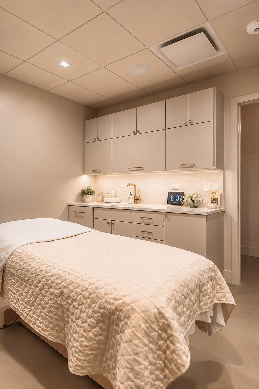 A bedroom with a bed covered in a beige quilt, a built-in cabinet with drawers and upper cupboards, a small sink with a faucet, a potted plant, a digital clock showing 8:37, and some decorative items on the countertop.