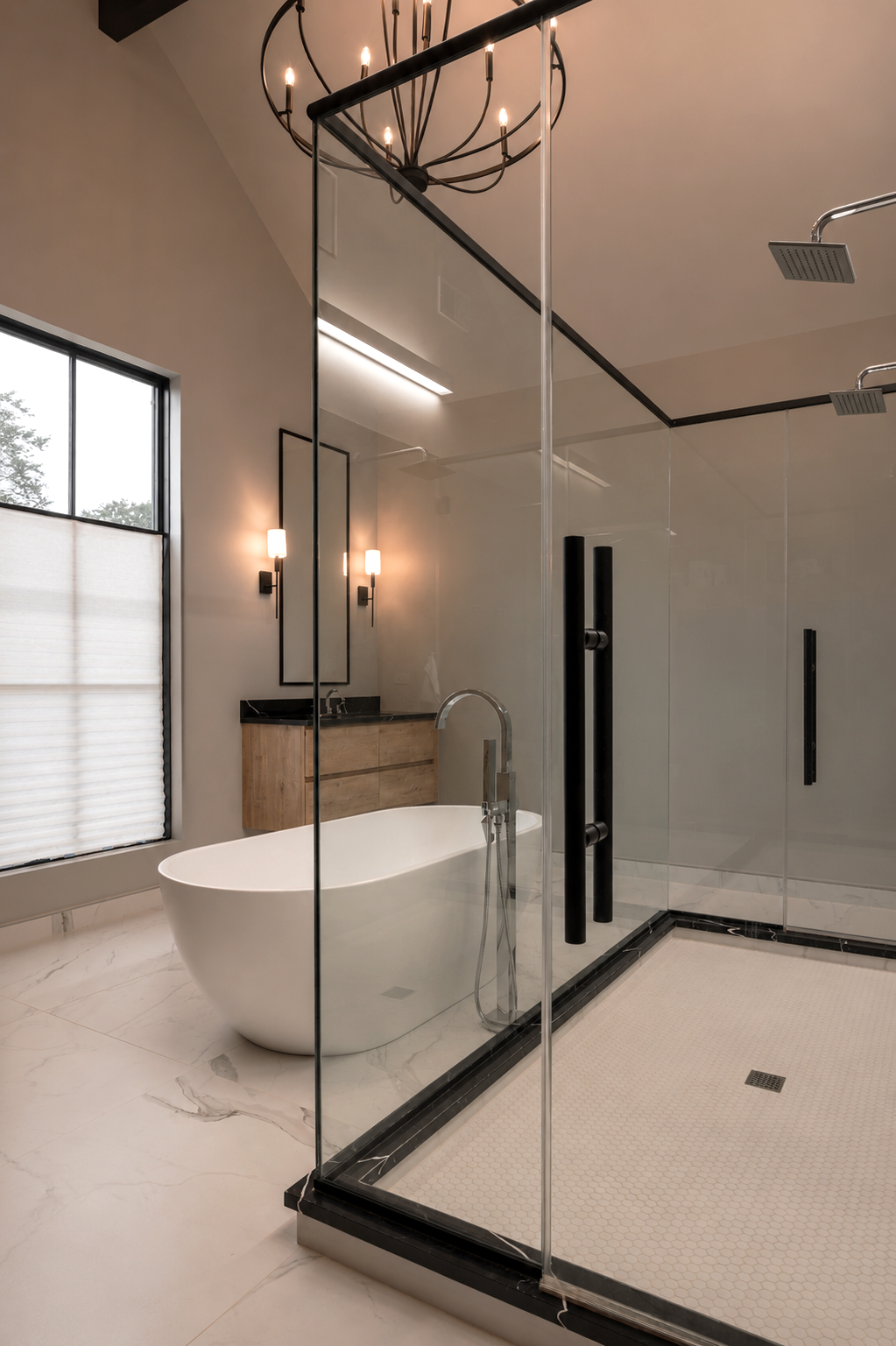 Modern bathroom with a free-standing bathtub and a walk-in shower with black fixtures and glass walls.