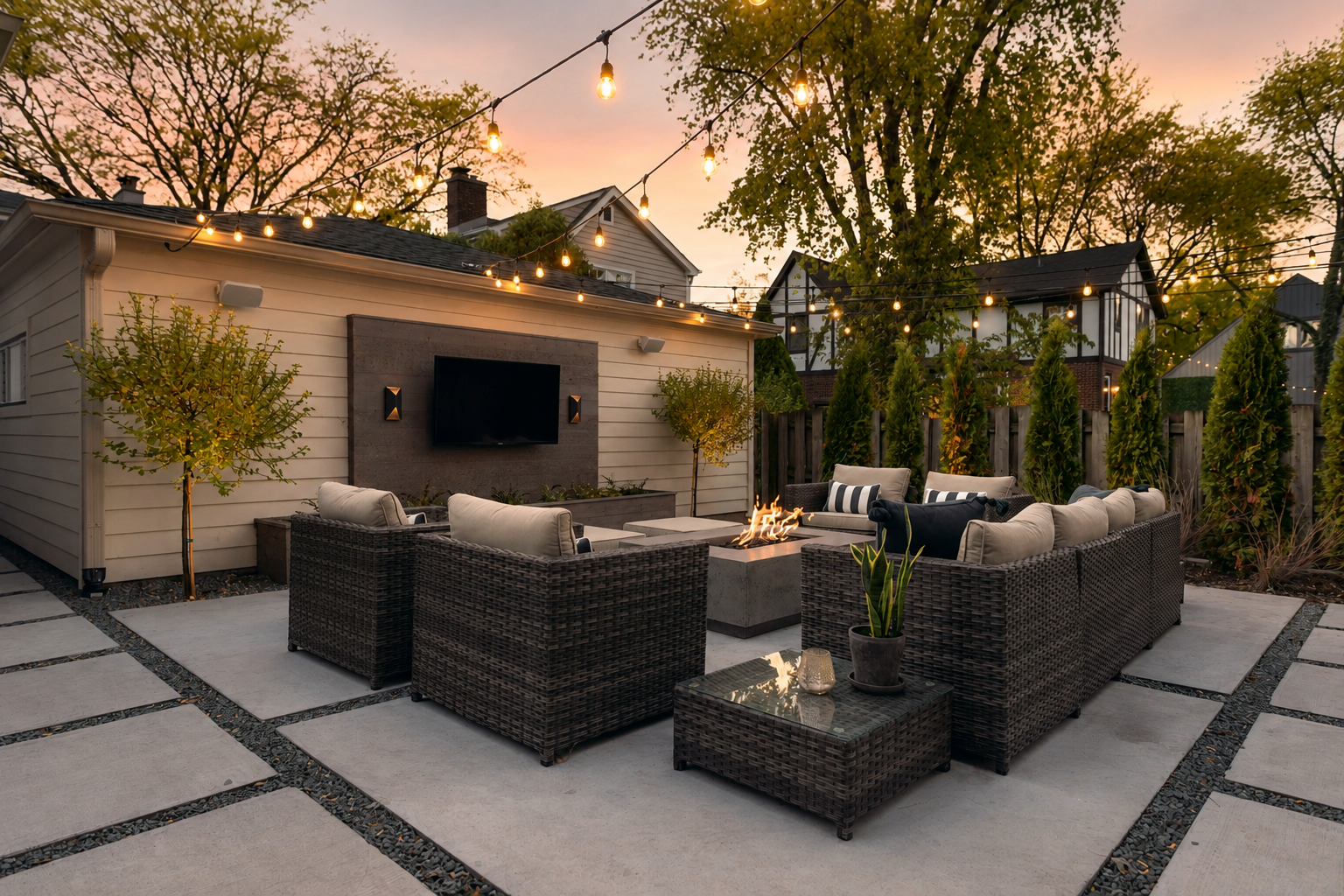 Outdoor patio with wicker furniture, a fire pit, string lights, and a television mounted on a house wall at sunset.