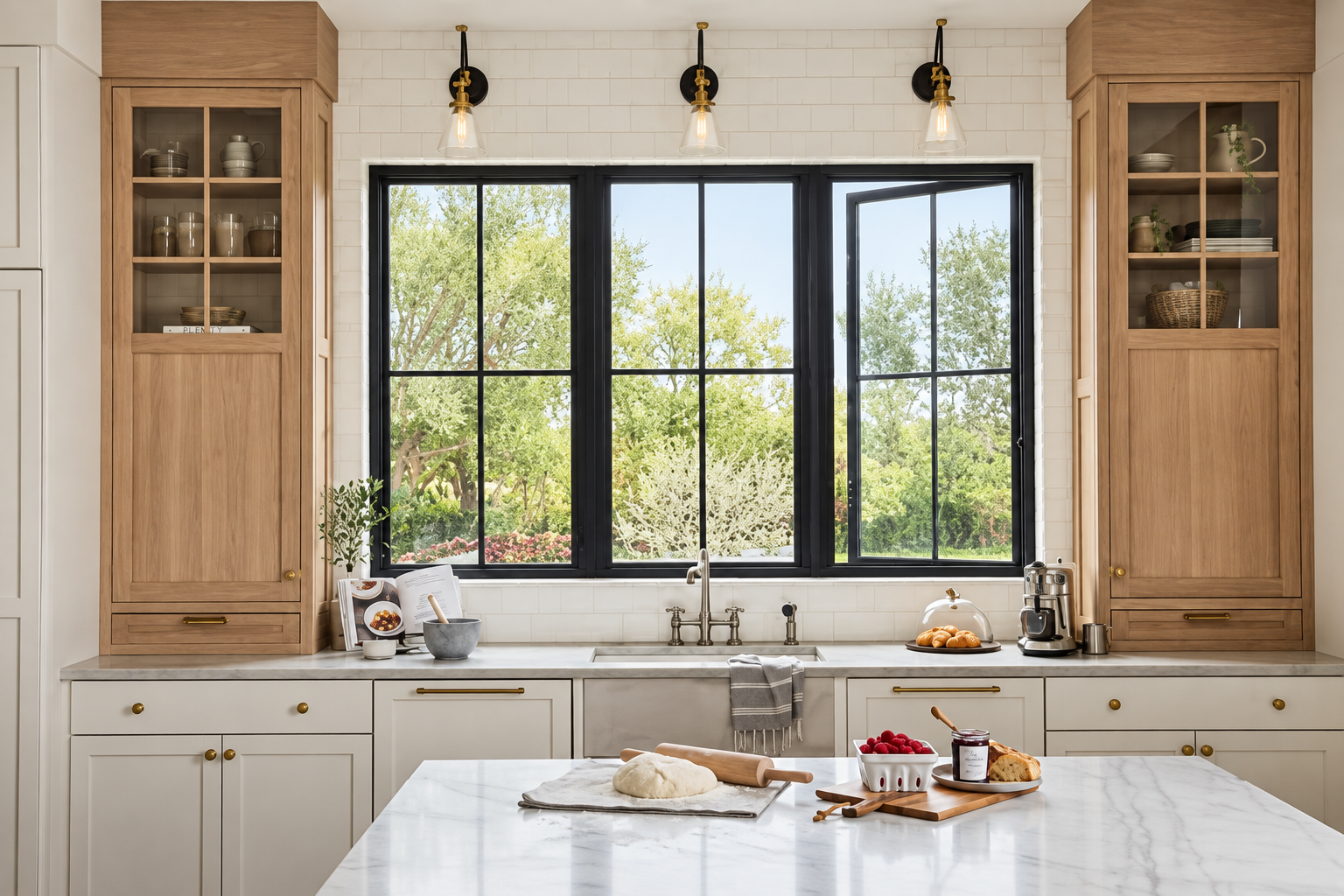 Kitchen with large black-framed window, white brick backsplash, wooden cabinets, marble countertop, and various baking and coffee items.