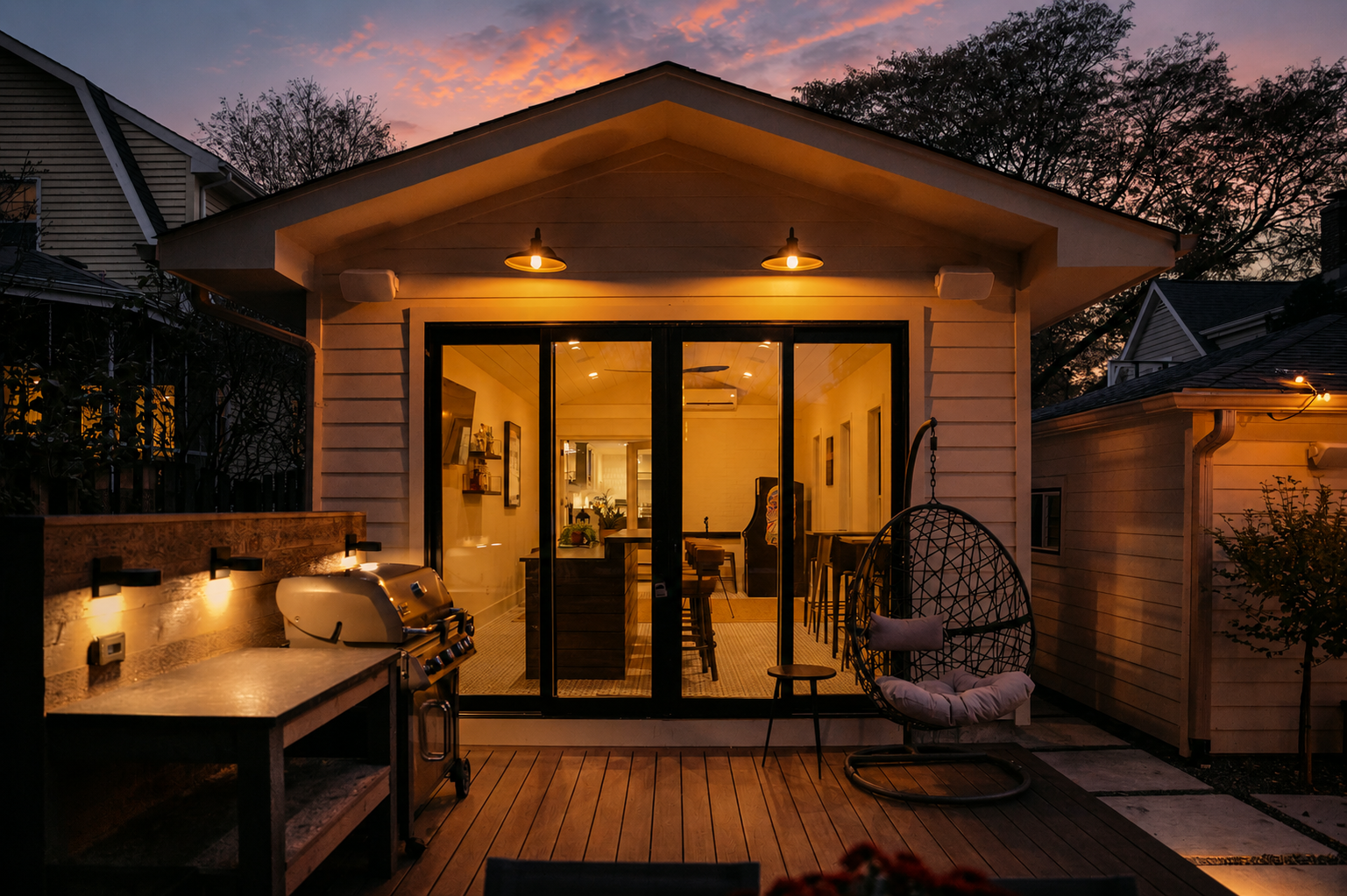 A cozy backyard patio at dusk with a lit outdoor grill, a hanging circular chair, and a view into a warm-lit interior of a house through large sliding glass doors.
