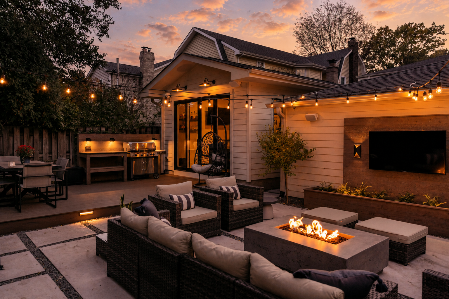 An outdoor backyard patio at sunset with string lights, outdoor seating with cushions, a fire pit, a grill, and a wall-mounted TV.