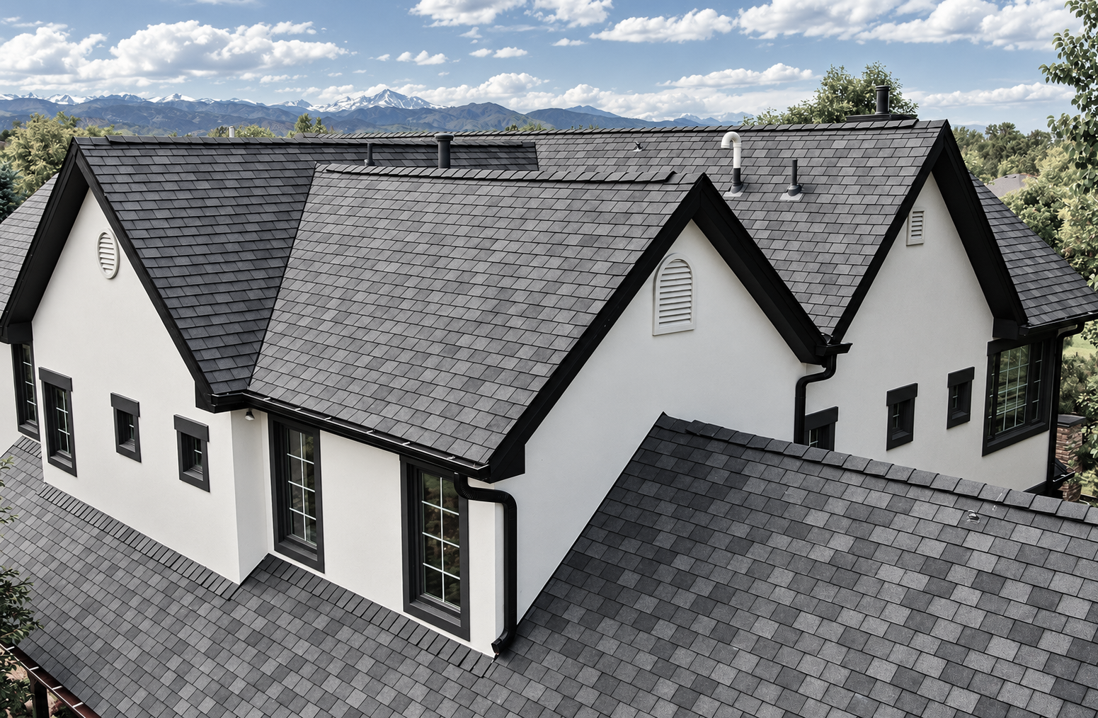 A modern house with a gray shingle roof, white exterior walls, black window frames, and mountain scenery in the background.