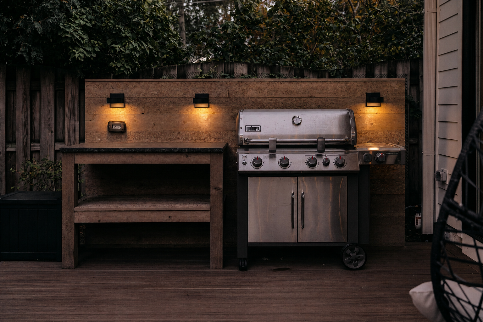 Outdoor backyard grilling area with a stainless steel gas grill, a wooden work table, and warm wall-mounted lights at dusk.