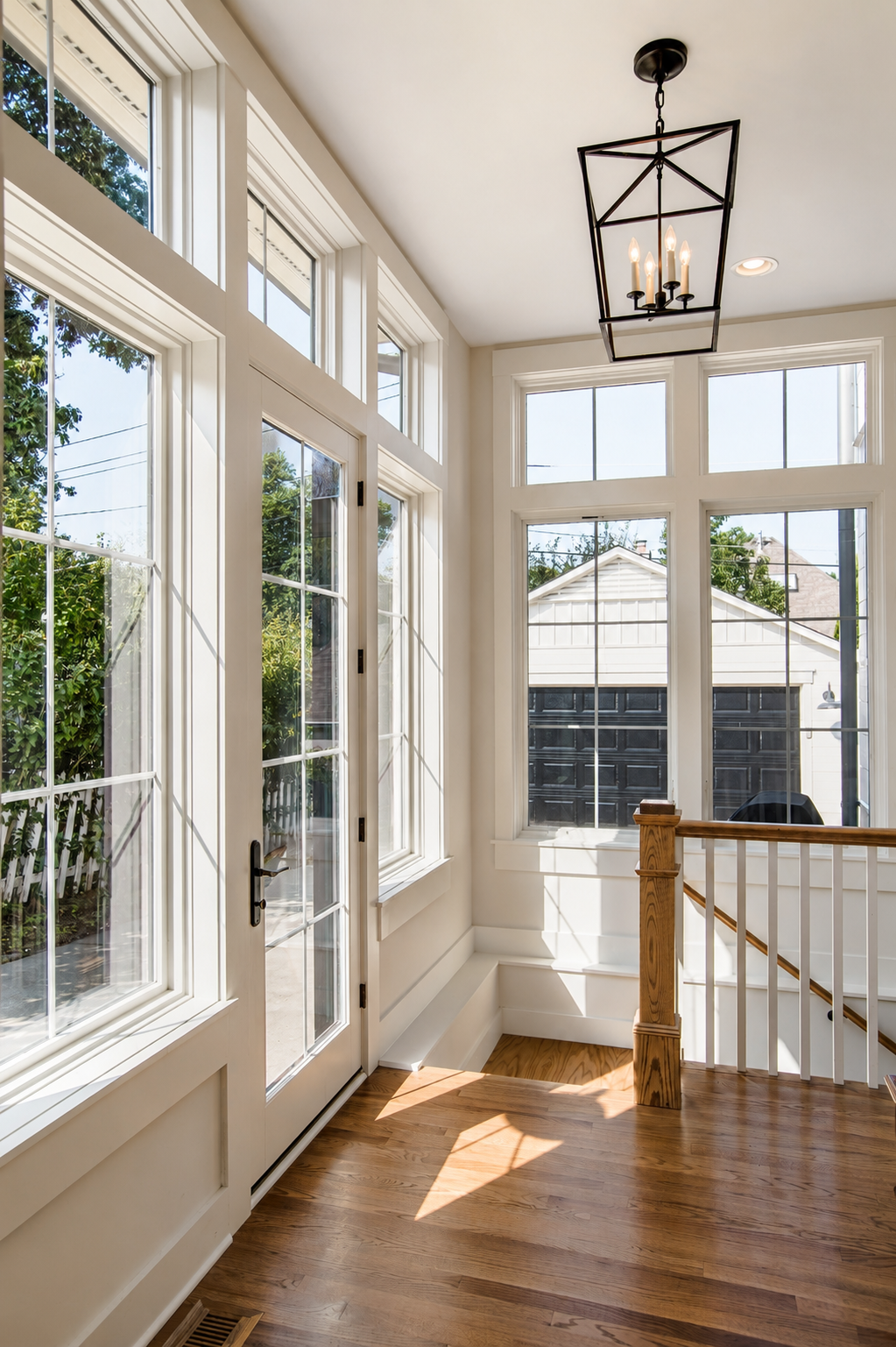 Bright sunlit entryway with large windows, a door with glass panes, hardwood floors, a staircase with wooden banister, and a modern black chandelier.