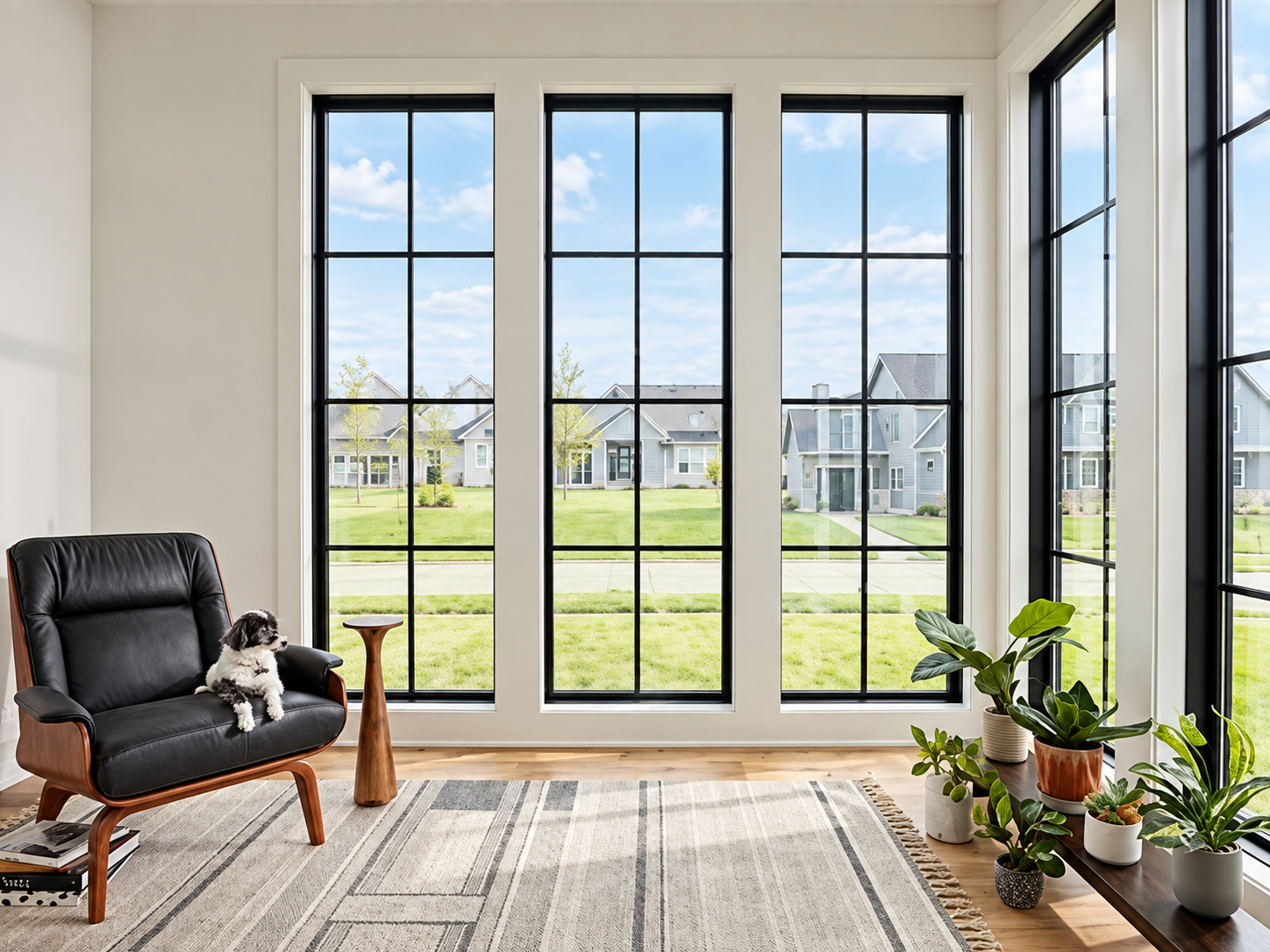 Living room with large black-framed windows, a black armchair with a small dog sitting on it, a wooden side table, a striped rug, and potted plants on a wooden bench next to the windows, overlooking a green yard and neighboring houses.