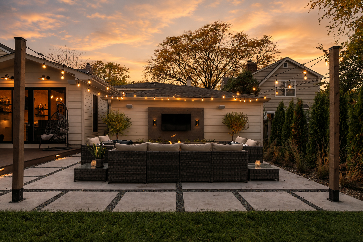 A cozy outdoor patio area at sunset with string lights, a fire pit, and comfortable seating.