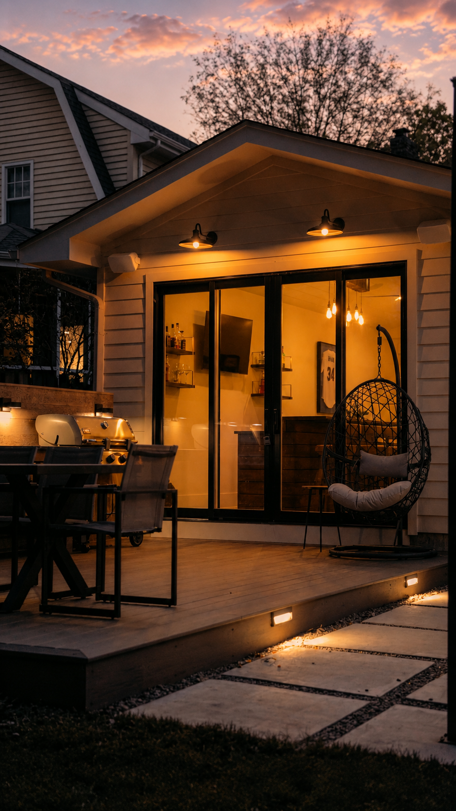 A cozy backyard patio at dusk with warm outdoor lighting, a wooden deck, a glass sliding door leading to the interior, an outdoor grill, dining table with chairs, and a hanging egg chair with cushions, surrounded by a gently lit pathway and neighbori