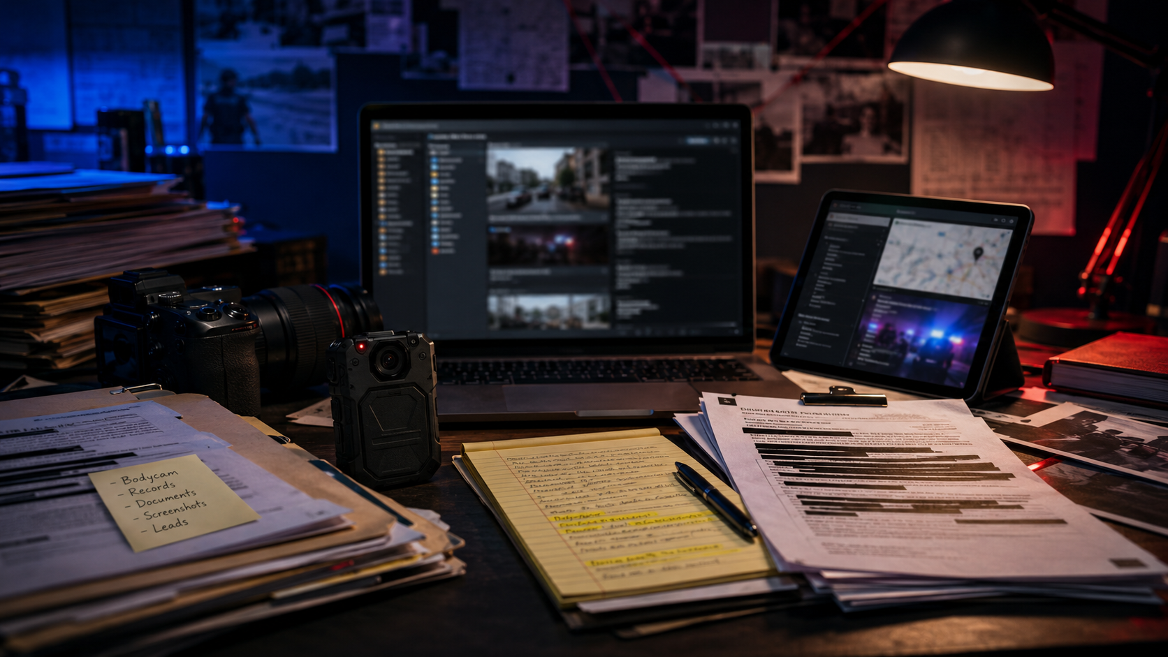Bodycam camera and investigative documents on a dark desk representing police accountability story tips and submitted evidence.